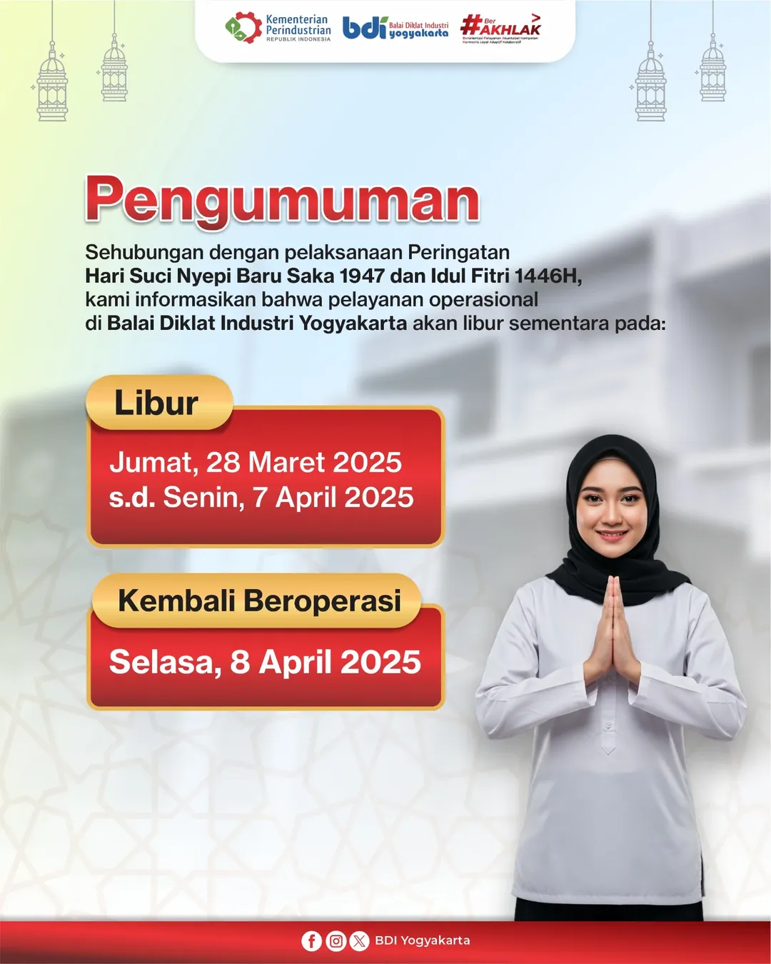 Pengumuman Perubahan Jam Layanan BDI Yogyakarta Hari Suci Nyepi & Idul Fitri 1446H