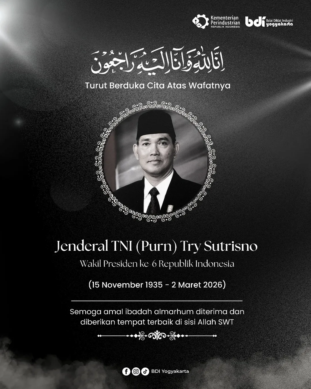 Turut Berduka Cita Atas Wafatnya Wakil Presiden ke-6 Republik Indonesia