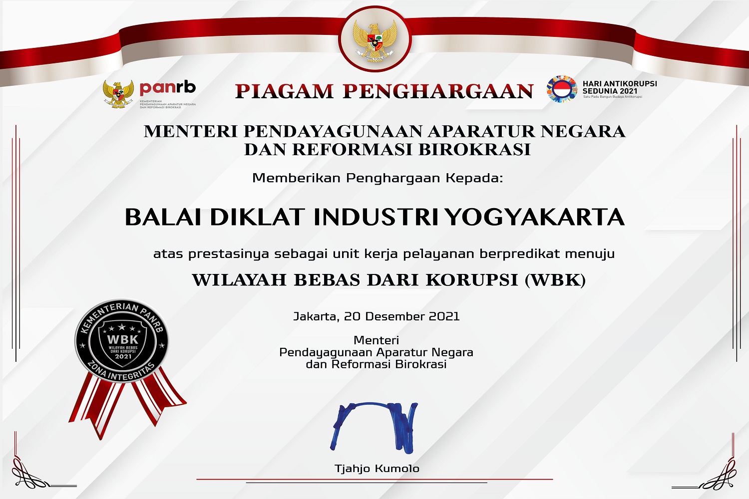 BDI Yogyakarta Meraih Predikat Wilayah Bebas Korupsi (WBK)